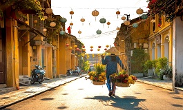 Hoi An Vietnam'da sokakta sepetle çiçek taşıyan kadın