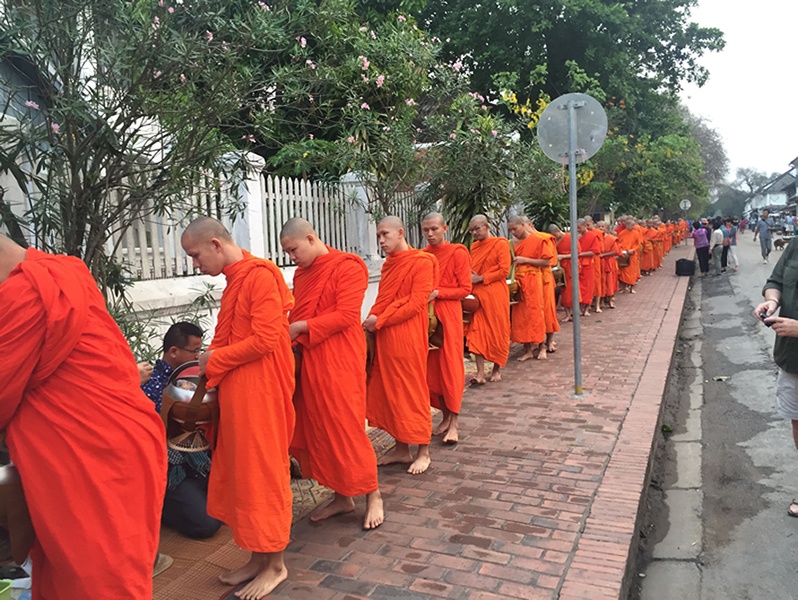 Laos budist rahiplerin halktan yemek toplama seremonisi